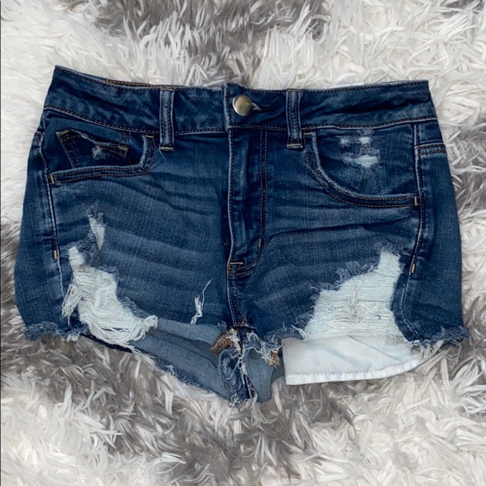 AE dark super stretch distress denim short